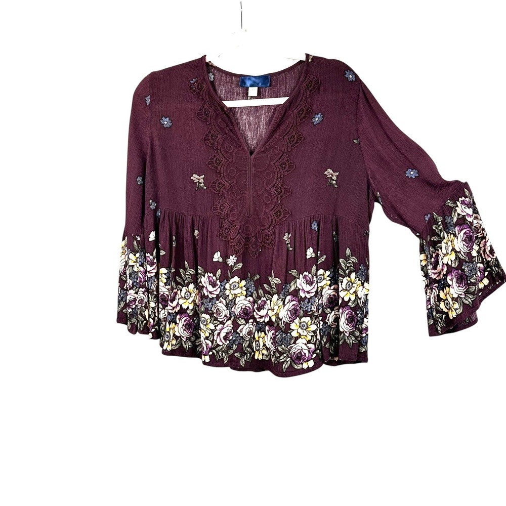 Altar'd State Floral Embroidered Bell Sleeve Boho Top Burgundy Medium